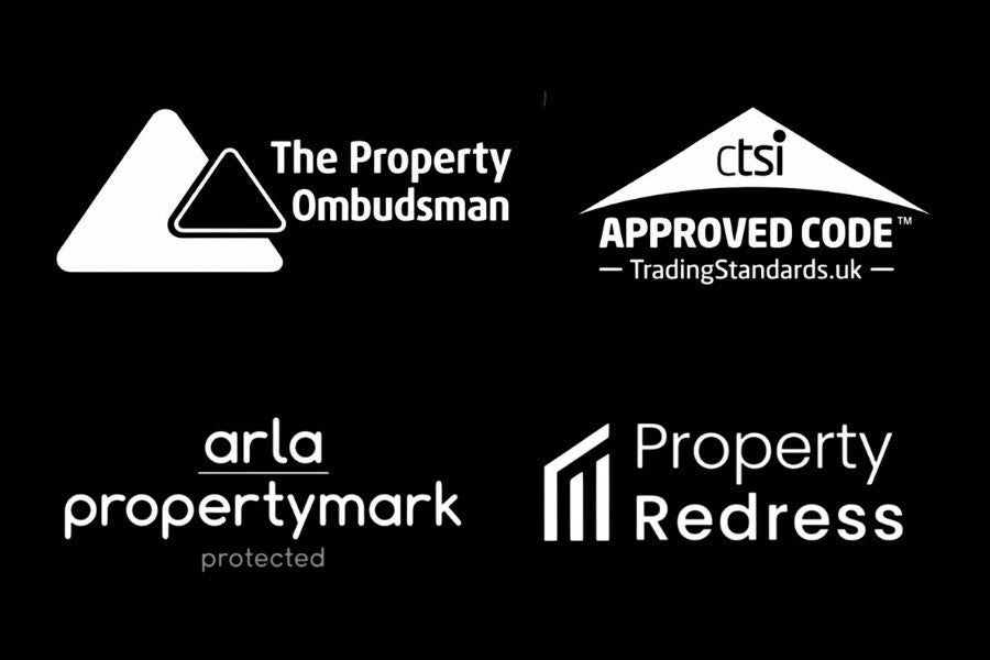 Official UK estate agent compliance logos including The Property Ombudsman, CTSI Approved Code, ARLA Propertymark, and Property Redress Scheme.