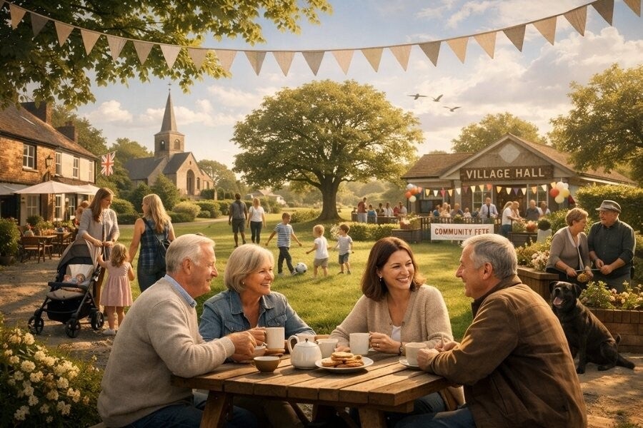 Residents enjoying a sunny afternoon at a village community event with tea, conversation, and local friendship in St Albans.