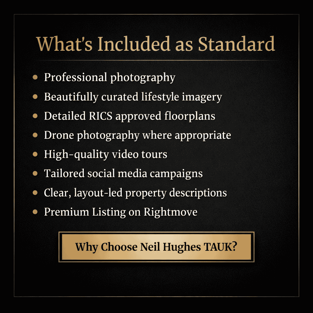 Marketing services offered by Neil Hughes TAUK including photography, lifestyle imagery, floorplans, drone work, video tours, social media campaigns, property descriptions and premium Rightmove listing.