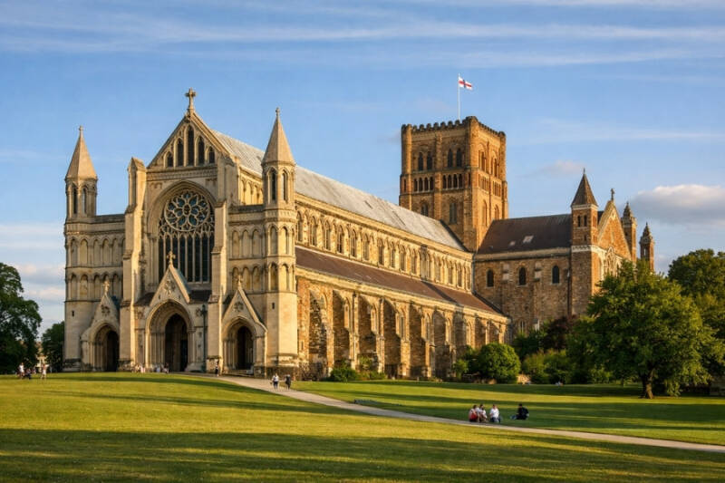 St Albans Abbey photographed in warm evening light, surrounded by green parkland and historic architecture.