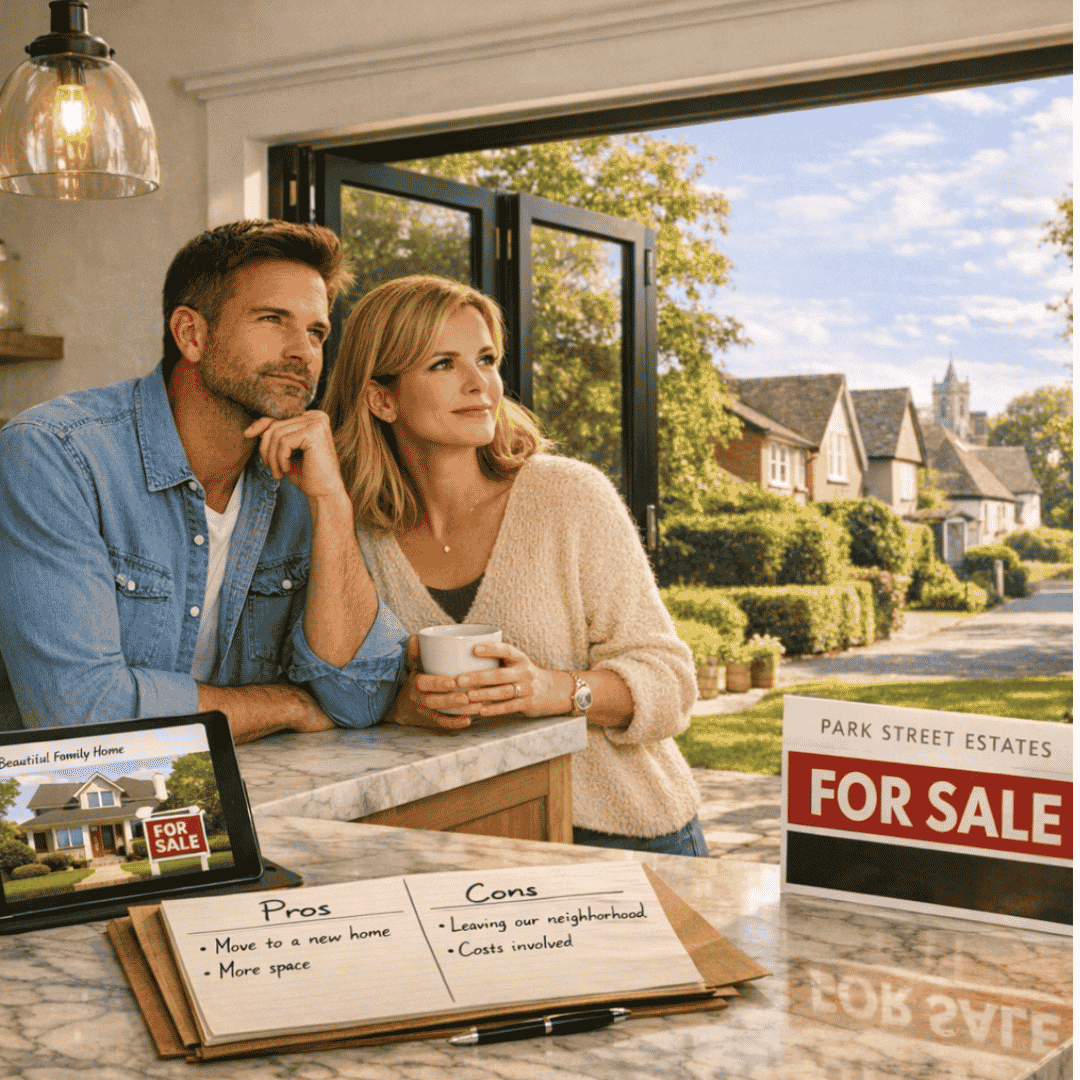 Two people in a bright kitchen reviewing moving plans with a tablet showing a home for sale.
