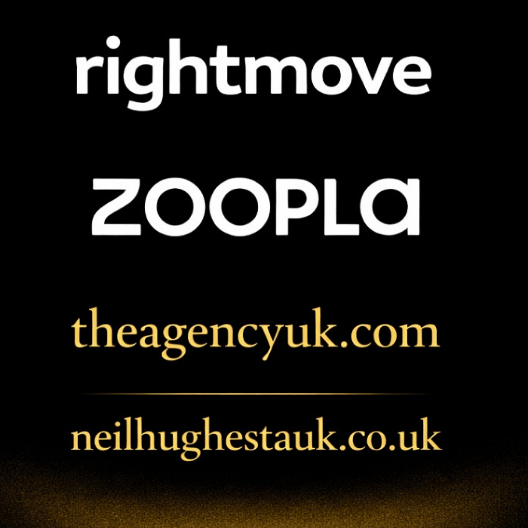Graphic showing Rightmove, Zoopla, The Agency UK and Neil Hughes TAUK branding on a black and gold background.