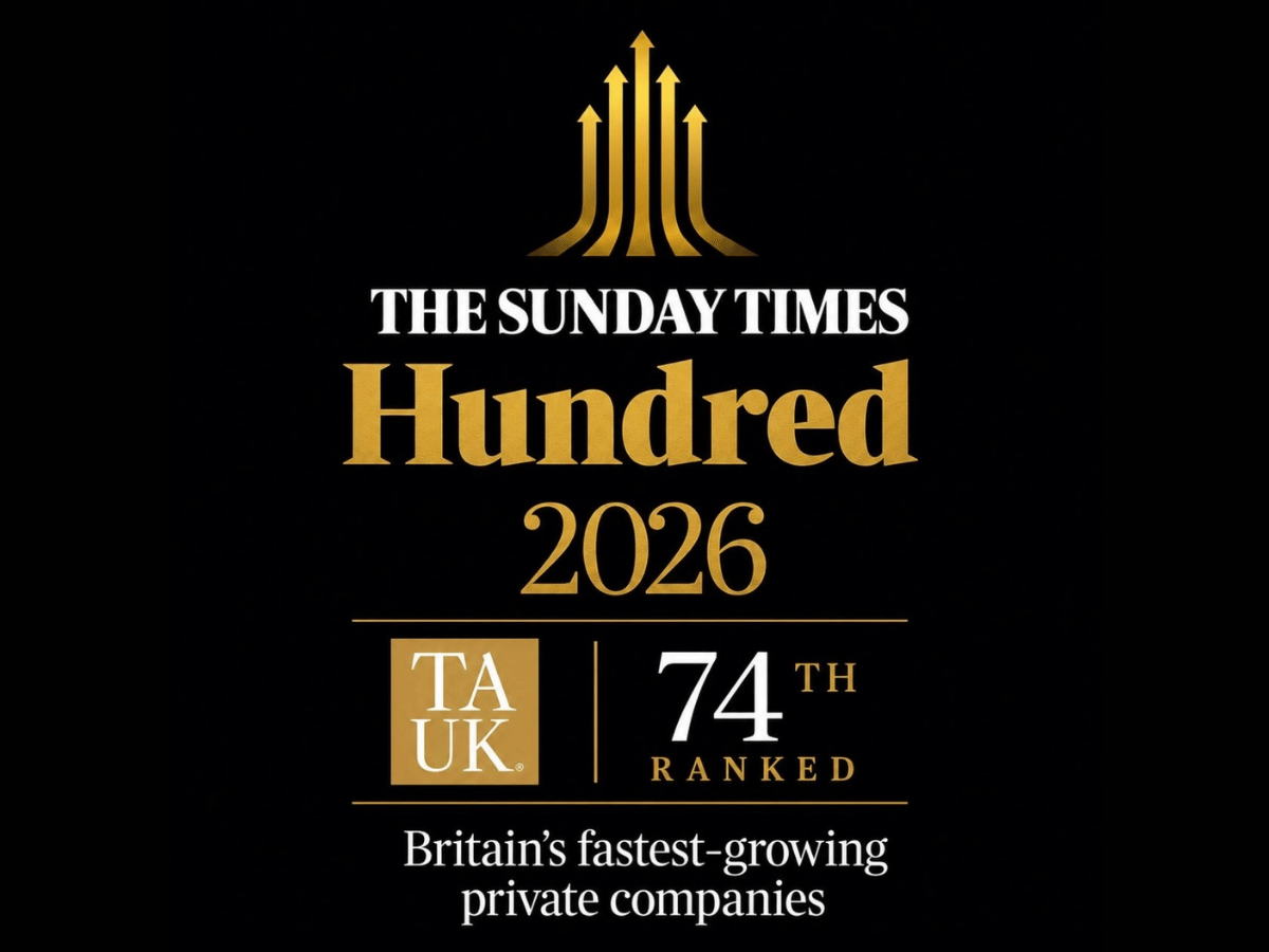 The Agency UK ranked 74th in The Sunday Times 100 Fastest Growing Companies 2026, black and gold TAUK branding.