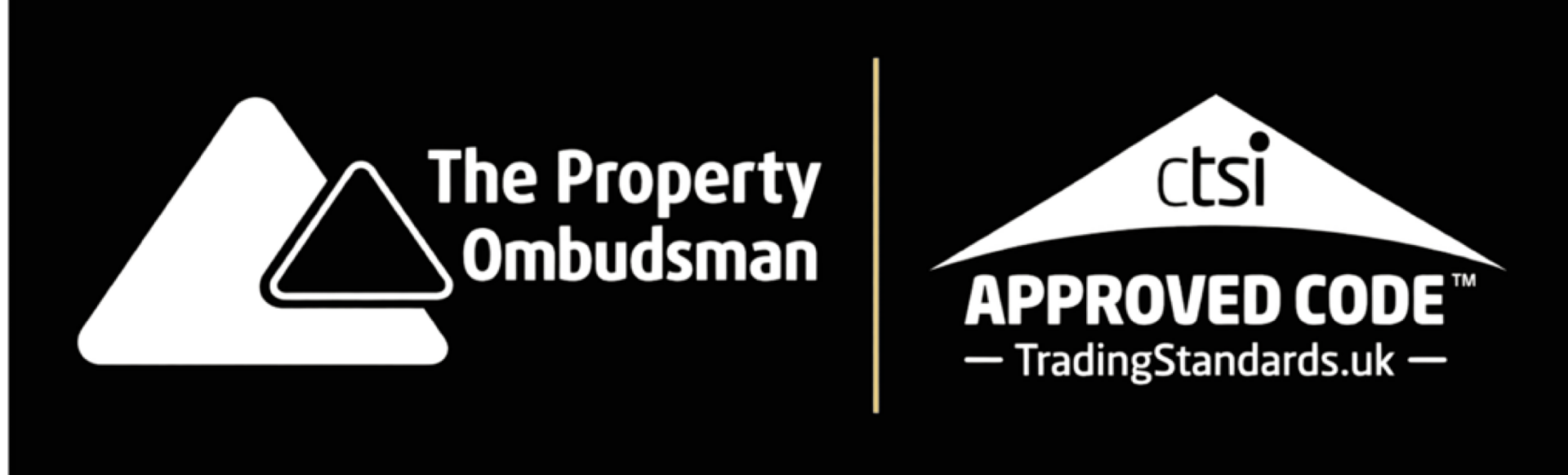 Accreditation logos for The Property Ombudsman and CTSI Approved Code on a black background.
