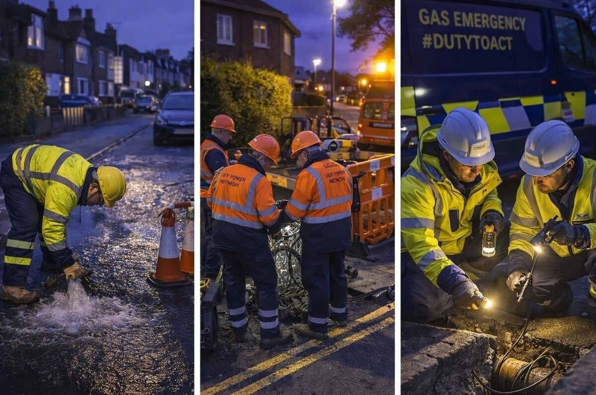 Gas engineers in high‑visibility gear repairing a gas leak on a residential street in St Albans, surrounded by safety barriers and equipment