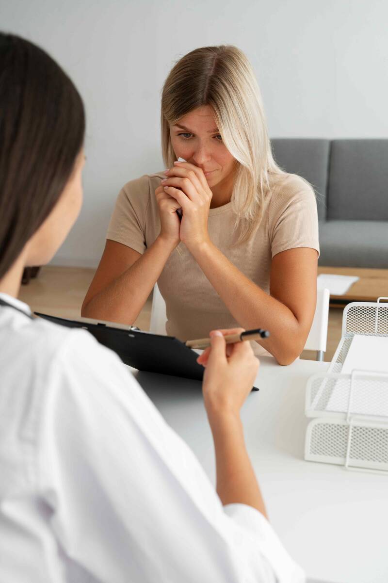 Junge Frau sitzt am Tisch mit verzweifelter Mine gegenüber ihrer Ärztin, die ihr gerade die Diagnose Brustkrebs erläutert.
