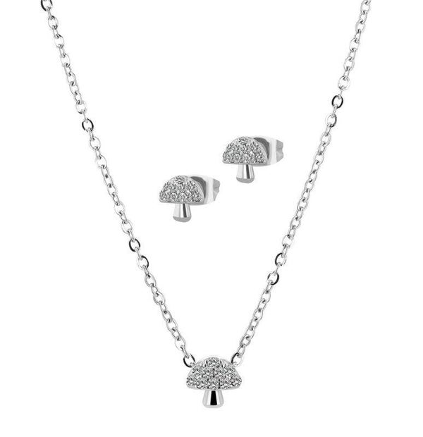 Akzent Schmuckset mit Kette & Ohrsteckern, Edelstahl, Pilz, silberfarben