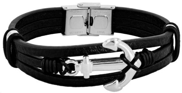 "Baltur", Akzent Lederarmband, Edelstahl Anker, schwarz/silberfarben, 22 cm 5040412-0225