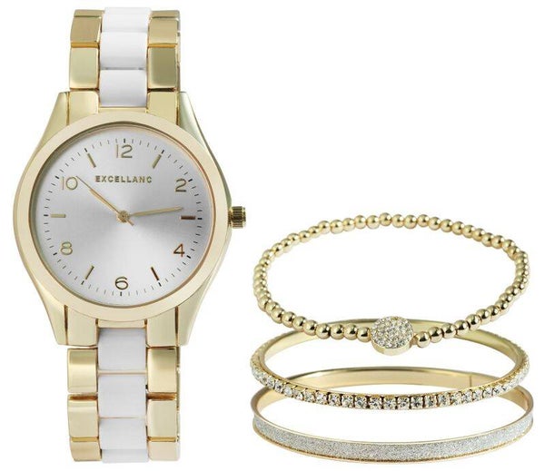 Excellanc Damengeschenkset mit Armbanduhr, Armband und zwei Armreifen, goldfarben/weiß 1800240-002