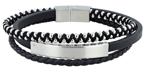 Akzent Armband mit Gravurplatte aus Echtleder und Edelstahl, schwarz/silberfarben 5040218-001
