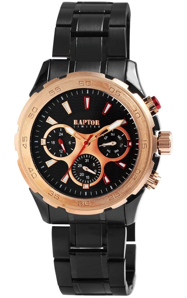 Raptor Limited Herrenuhr "Amir" mit Edelstahlarmband und Multifunktionsanzeige, schwarz/roségoldfarben