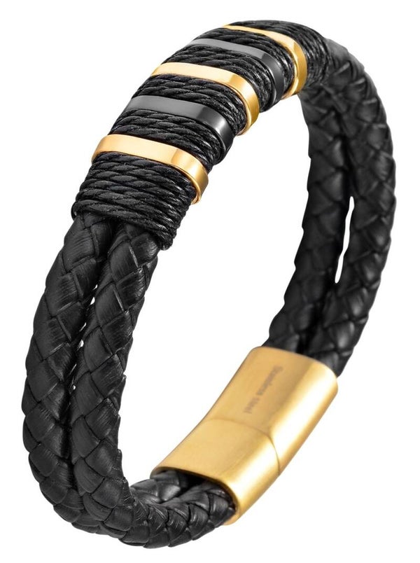 Akzent Armband aus Lederimitation mit Edelstahlelementen, Ionenplattiert, schwarz/goldfarben, 23 cm  5040309-003
