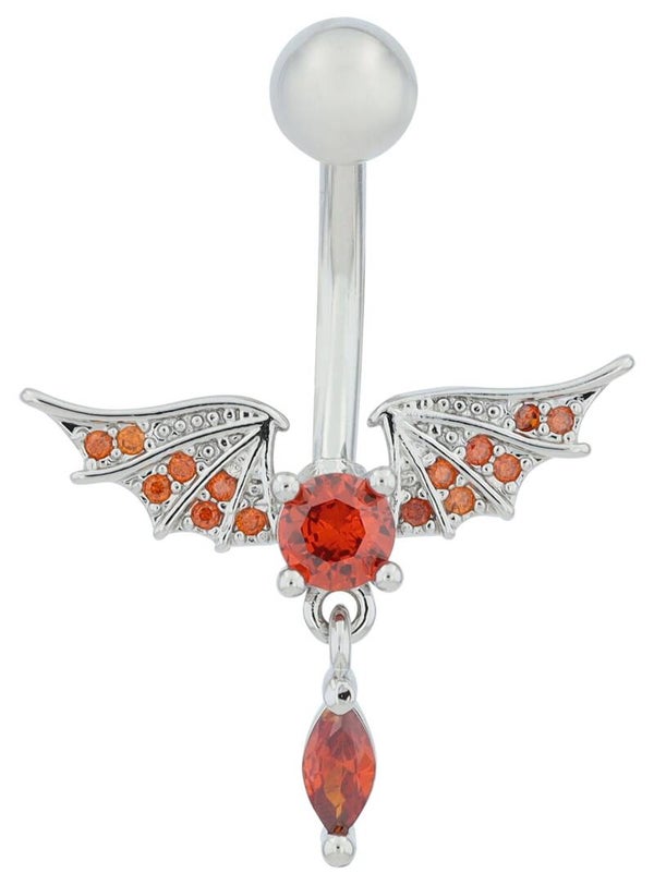 "Trudi" Edelstahl-Bronze Bauchnabelpiercing, Stablänge 11 mm/ Stabstärke 1,8 mm, Flügel, roter Zirkonia, silberfarben