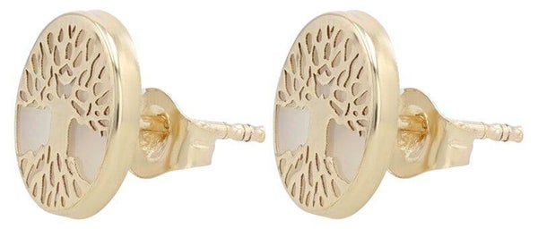333/- Echt Gold "Cypress" Ohrstecker - Plättchen Ø 8 mm/ Lebensbaum - Gelbgold/ Perlmutt, 8 Karat