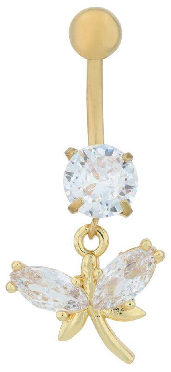 Svenja" Edelstahl-Bronze Bauchnabelpiercing, Stablänge 11 mm/ Stabstärke 2 mm, Libelle, Zirkonia, goldfarben