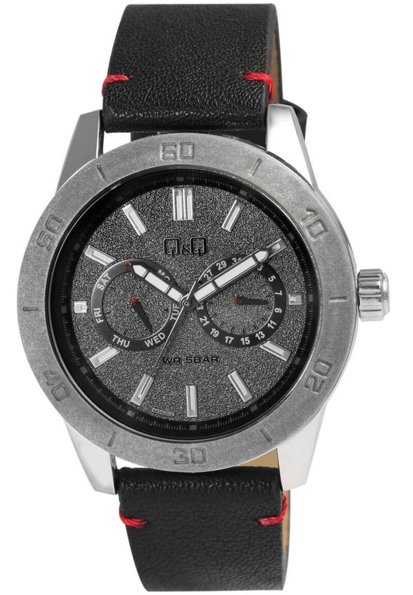 Q&Q Herrenuhr mit Echtlederarmband, schwarz, 5 bar  AA34J312Y