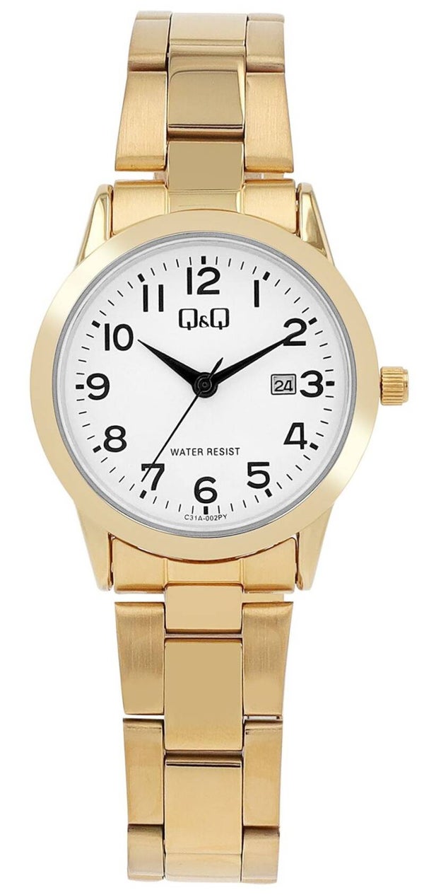 Q&Q Damenuhr mit Edelstahlarmband, 3 ATM, Datumsanzeige, goldfarben C31A-002PY