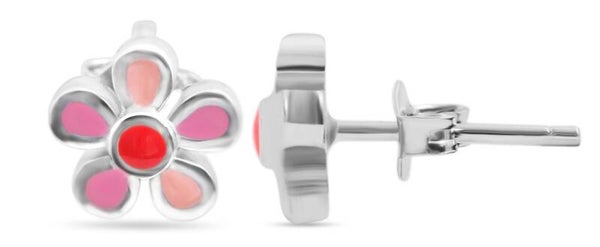 "Flora" 925/- Echt Silber Ohrstecker farbenfrohen Blumen rosa/ gelb, silberfarben rhodiniert   5300096-003