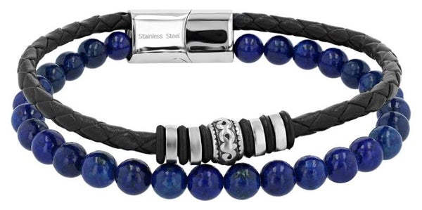 Akzent Armband aus Leder und Lapis Lazuli Perlen + Edelstahlelemente 5040347-001