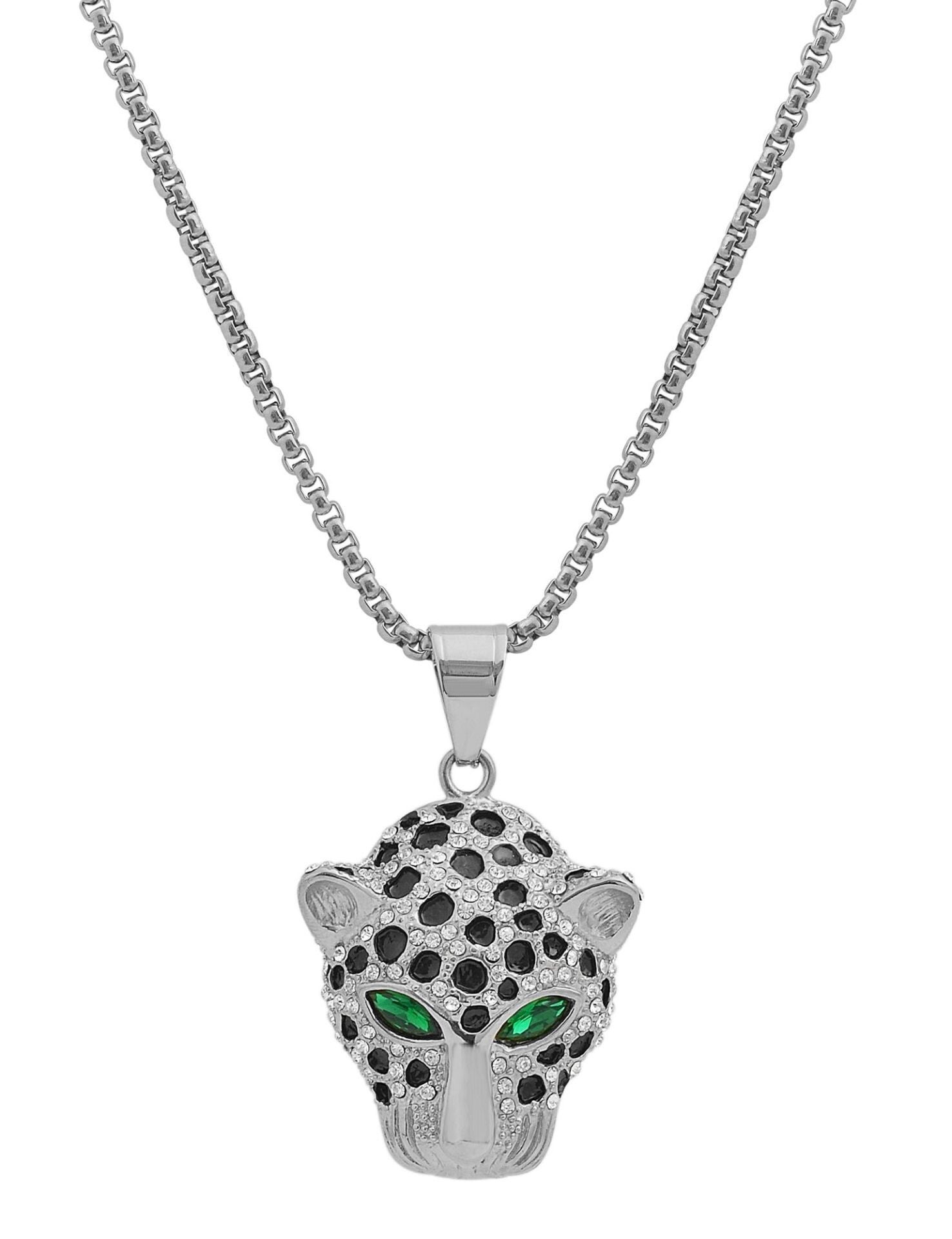 "Arunas" Edelstahlkette mit Anhänger, Leopardenkopf, silberfarben/schwarz