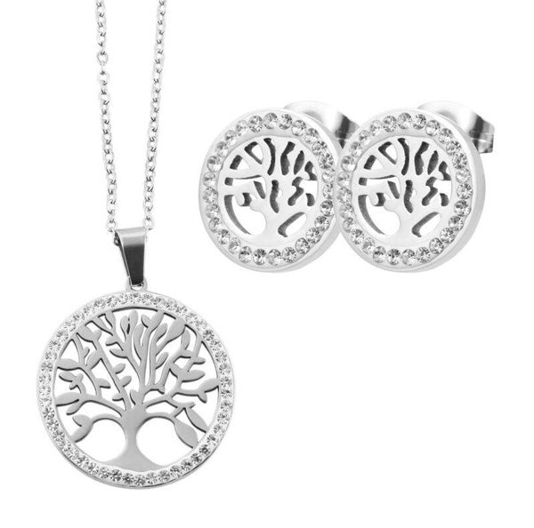 Akzent Schmuckset mit Kette und Ohrringen, Edelstahl, Similibesatz, Lebensbaum, silberfarben