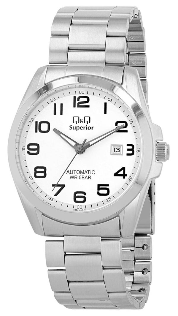 Q&Q Automatik Herrenuhr, Edelstahl, silberfarben/weiß, 5 ATM, Ø 42 mm  S23A-502VY