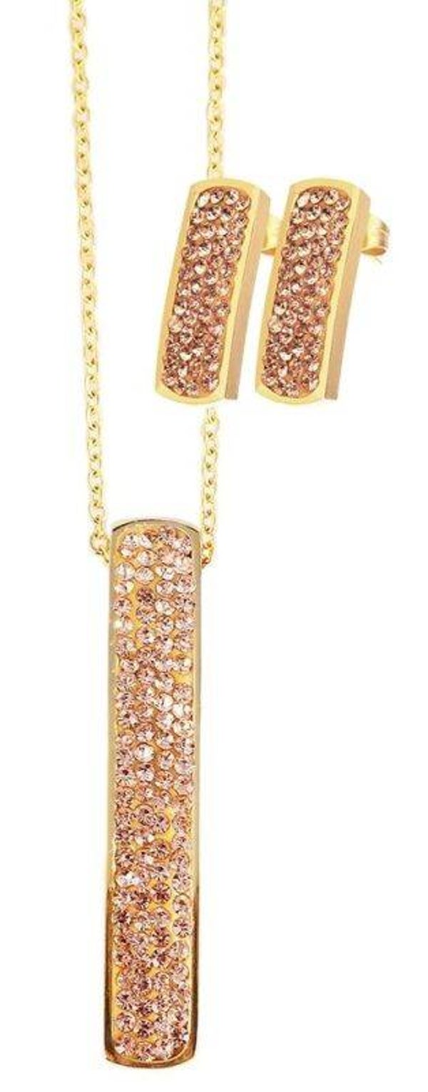 Akzent Edelstahl Schmuckset mit Similibesatz (Ohrringe & Kette mit Anhänger), goldfarbig