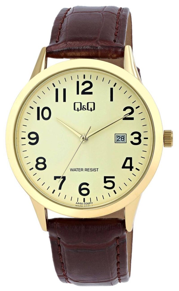 Q&Q Herrenuhr mit Lederimitat, Ø 40 mm, braun/ goldfarben A44A-006PY