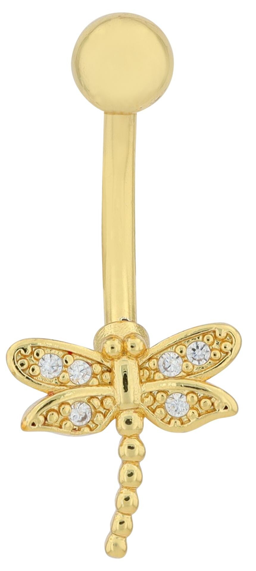 "Emy" Edelstahl-Bronze Bauchnabelpiercing, Länge 12 mm/ Stärke 1,8 mm, Libelle, Zirkonia, silberfarben