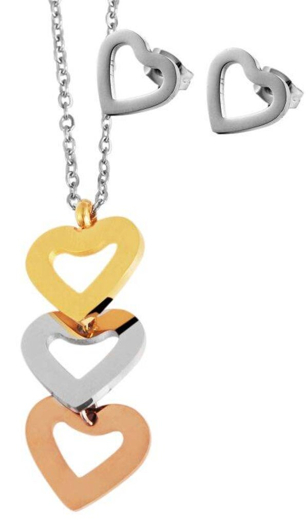 Edelstahl Schmuckset, Kette 43 + 5cm mit Anhänger + Ohrringe, tricolor