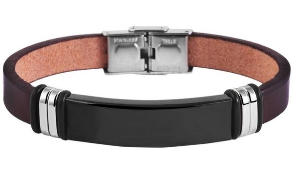 "Lenn", Akzent Echtlederarmband mit Edelstahlgravurplatte, dunkelbraun/schwarz 5040122-002