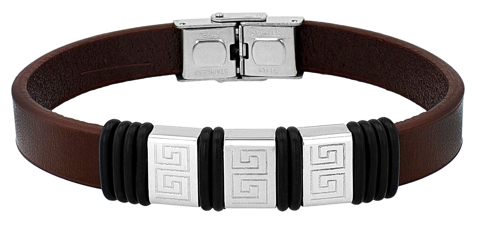 "Nadim", Akzent Armband, Echtleder & Edelstahl, Hakenverschluss, braun/silberfarben/schwarz, 21 cm