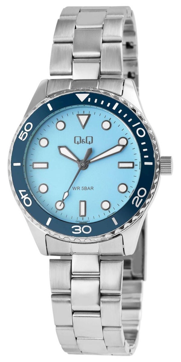 Q&Q Damenuhr mit Edelstahlarmband, 5 Bar, silberfarben/ZB hellblau Q55A-005PY