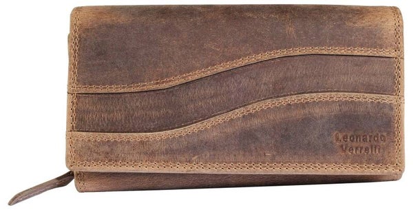 Leonardo Verrelli, Echtleder (Vintage) Damen Geldbörse, länglich & RFID, braun