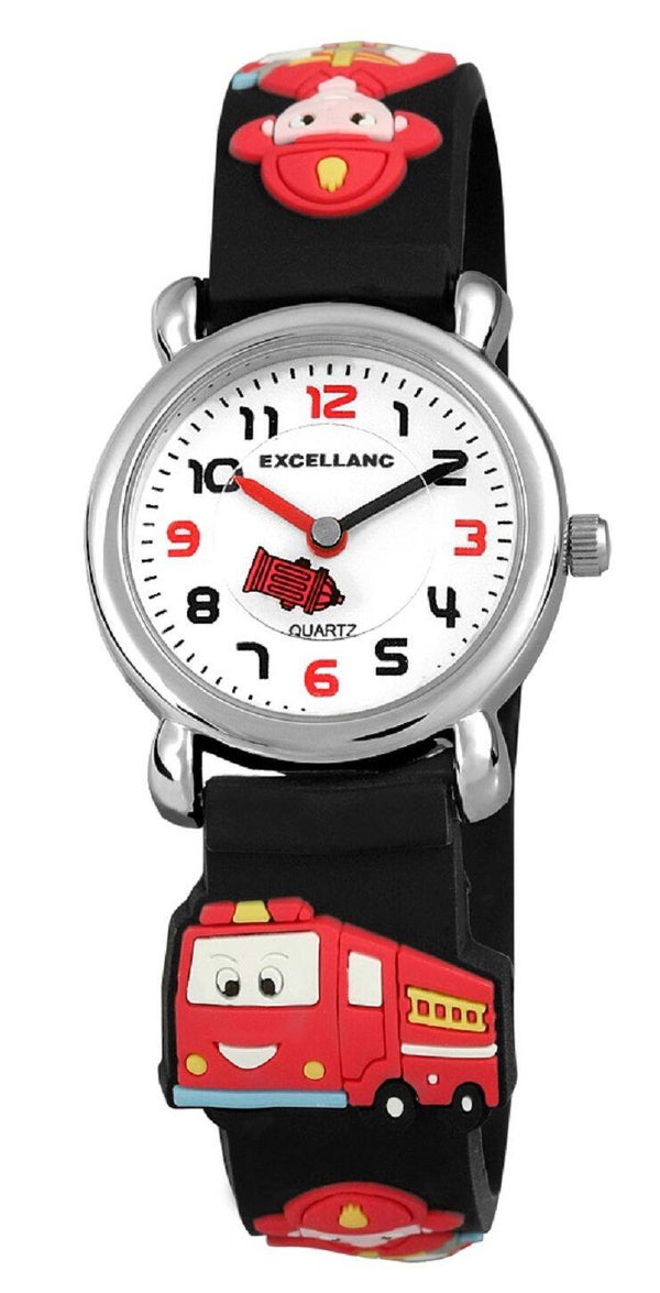Excellanc Kinderuhr mit schwarzen Silikonarmband und Feuerwehr Motiv  4500017-001
