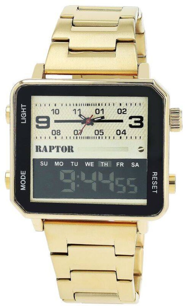 Raptor Herrenuhr "Fabius" mit Edelstahlarmband, eckig, analog/digitale Anzeige, goldfarben