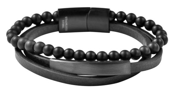 "Seza" Armband, Gravurplatte, Echt Leder/ Edelstahl/ Onyx, schwarz 5040318-001