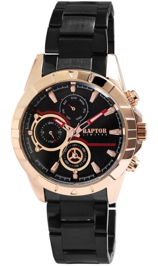 RAPTOR LIMITED Herrenuhr "Yasser" mit Edelstahlarmband, Multifunktion, schwarz/roségoldfarben