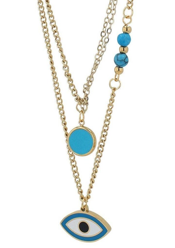 "Eldem"zweilagige Edelstahlkette mit Türkis Edelsteinen und Anhänger - Nazar Auge, 41 und 45cm +5 cm 5010549-002