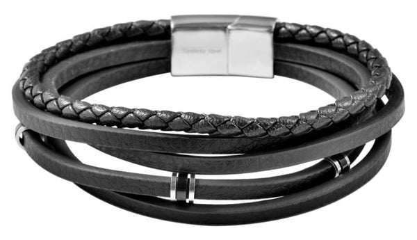 Akzent Armband aus Echtleder, Edelstahlelemente, Länge 21 cm, schwarz 5040321-001