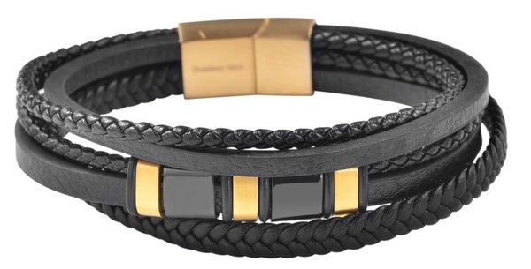 Akzent Armband aus Lederimitat mit Edelstahlelementen, Ionenplattiert, schwarz/goldfarben, 19 cm 5040296-001