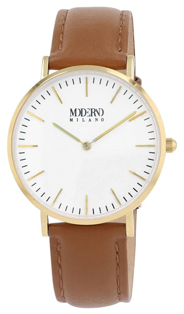 Moderno Edelstahl Damenuhr Ø 36,5 mm, Echtlederband, Saphirglas, braun/ goldfarben