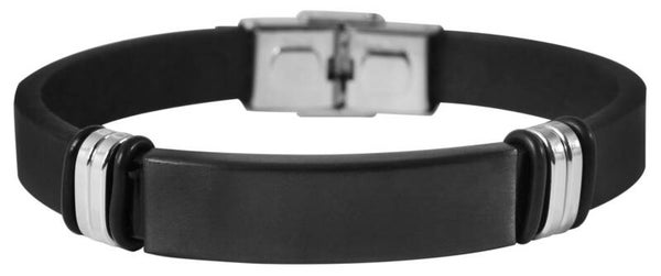 "Jonah" Echtlederarmband mit Edelstahl Gravurplatte, 22 cm, schwarz 5040118-003