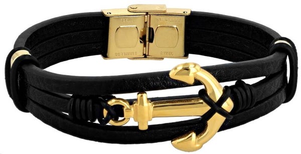 Baltura", Akzent Lederarmband, Edelstahl Anker, schwarz/goldfarben, 20 cm