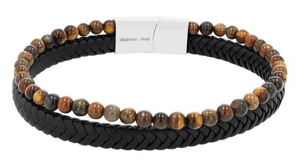 Akzent Echt Leder Armband "Arlo" mit braunen Tigerauge mit Magnetverschluss 5040350-001