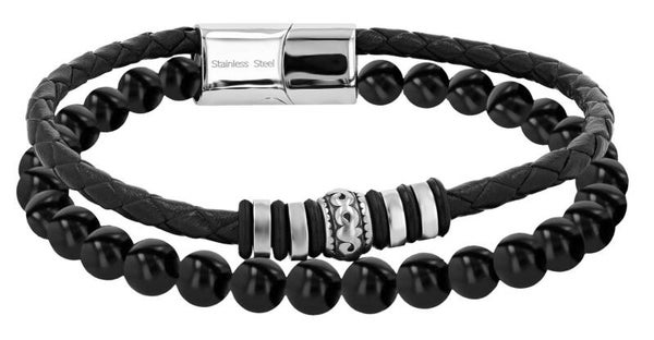 Akzent Armband aus Leder und Onyx Perlen + Edelstahlelemente 5040348-001