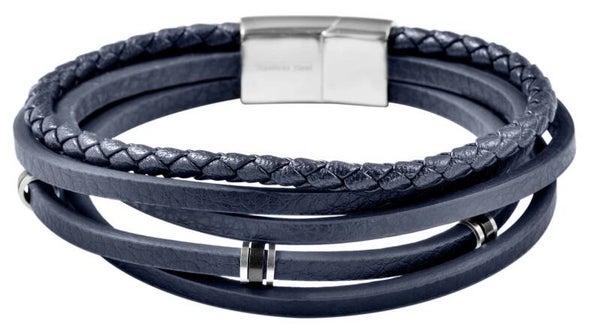 Akzent Armband aus Echtleder, Edelstahlelemente, Länge 21 cm, dunkelblau 5040323-001