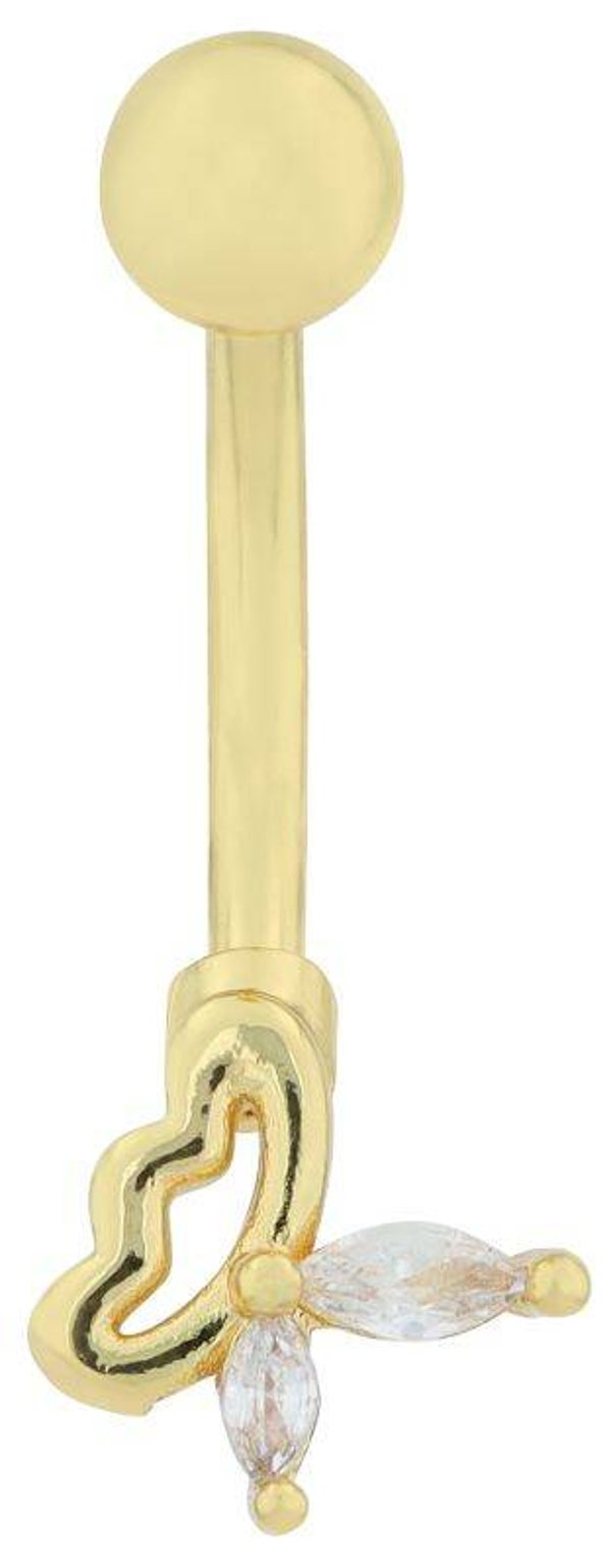 "Hari"Edelstahl-Bronze Bauchnabelpiercing, Länge 12 mm/ Stärke 2 mm, Schmetterling, Zirkonia, goldfarben