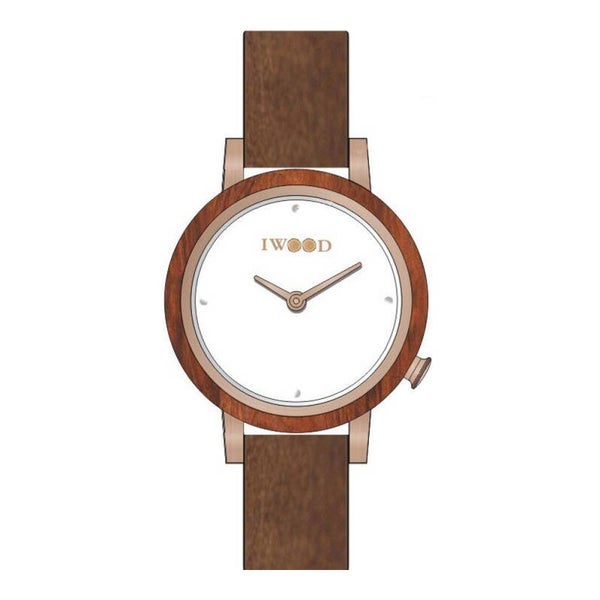 Iwood Echtholz Damenuhr Sandelholz Braun Roségold mit Lederarmband