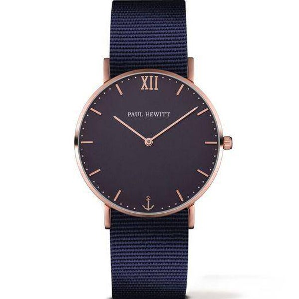 Paul Hewitt Sailor Damenuhr mit roségoldfarbenem Gehäuse, blauem Zifferblatt und blauem Textilarmband